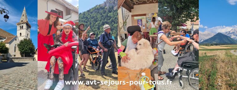 AVT séjours pour tous. Photo montage de vacanciers lors d'un séjour adapté handicap moteur pmr l'été 2022. Vacances dans la région du Vercors Trièves en Isère.