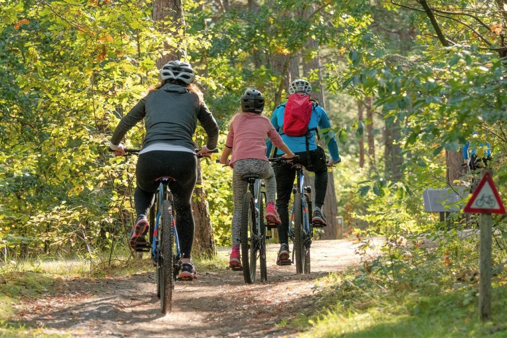 Séjour cyclotourisme en famille à la montagne. Hébergement de groupes dans le Vercors Trièves en Isère avec l'association AVT. Des parents et leur enfant font du vélo sur un sentier de randonnée en forêt.