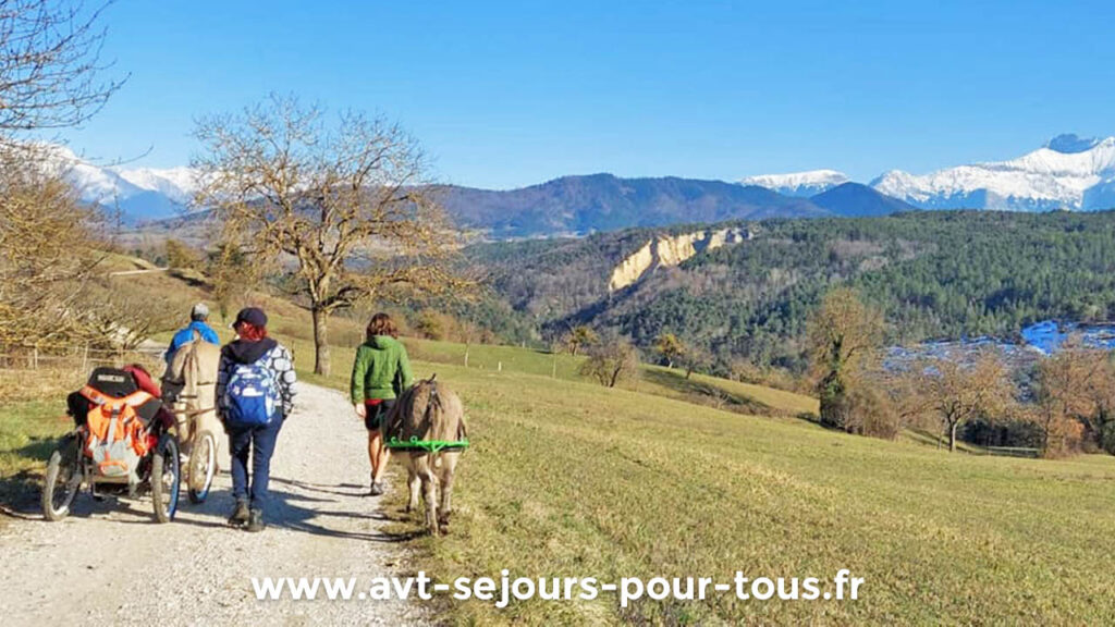 Balade adaptée PMR en pleine nature avec un âne. Activité proposée par les Sentiers du possible en Isère lors d'un séjour de vacances adaptées organisé par l'association AVT séjours pour tous.